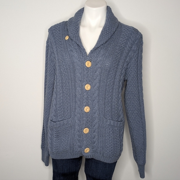 J Crew Blue Button Up Cable Knit Long Sleeve Preppy Cotton Cardigan Sweater S - Picture 1 of 9